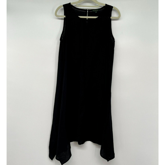 For Cynthia Linen Blend Dress Sz M Black Eyelet Keyhole Sleeveless Hi-Low Hem - Picture 1 of 7